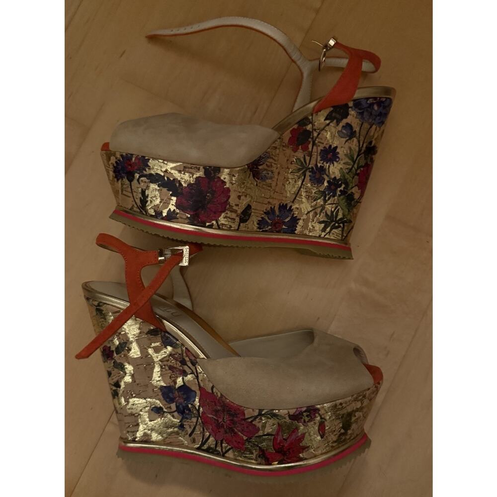 NEW Loriblu floral Summer printed cork wedge Sandals Red Tan Suede 37.5